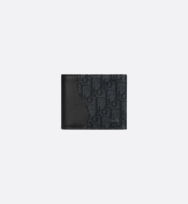 Saddle Bifold Wallet Black Grained Calfskin Marquetry and Black Oblique Jacquard