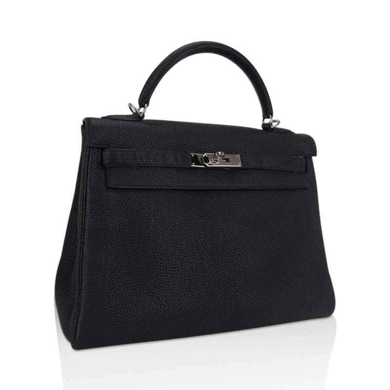 Kelly 28 Retourne Bag Black Togo Leather with Palladium Hardware