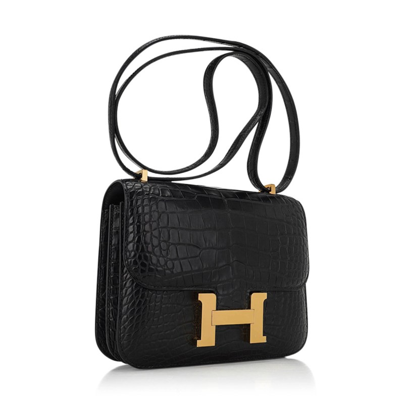 Mini Constance 18 Bag Black Matte Alligator with Gold Hardware and Mirror