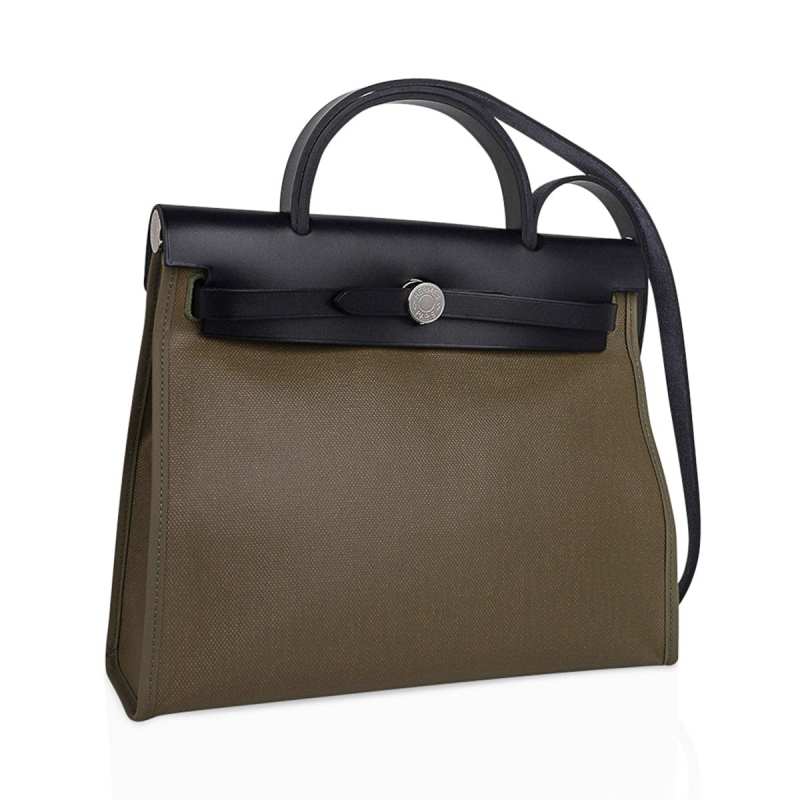 Herbag Zip 31 Bag Retourne Khaki Berline & Black Leather with Palladium Hardware