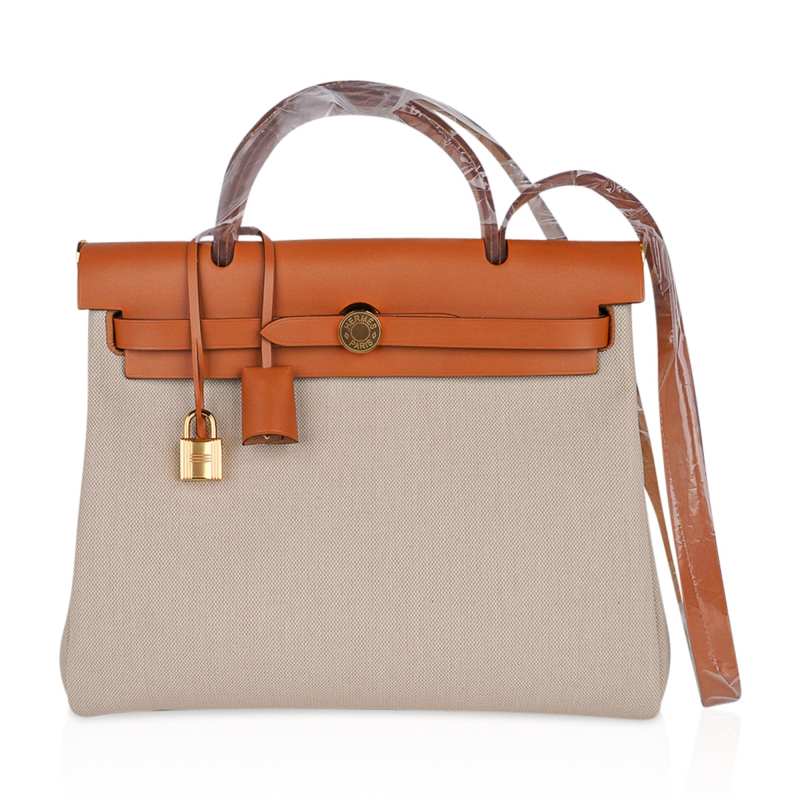 Herbag Zip Retourne 31 Bag Beton Toile Militaire / Natural Sable Leather Gold Hardware
