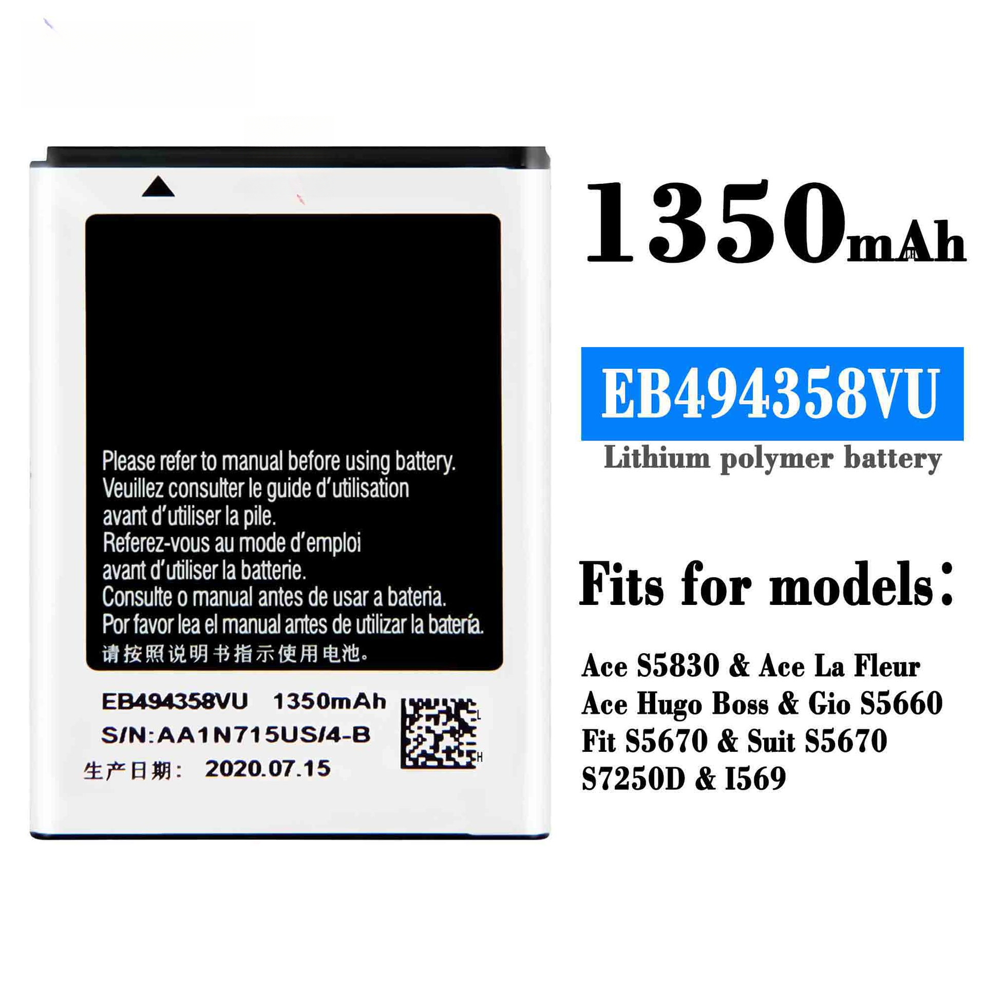 Suitable for Samsung AceS5830/Ace LaFleur Mobile Phone Battery EB494358VU Factory Wholesale Foreign Trade