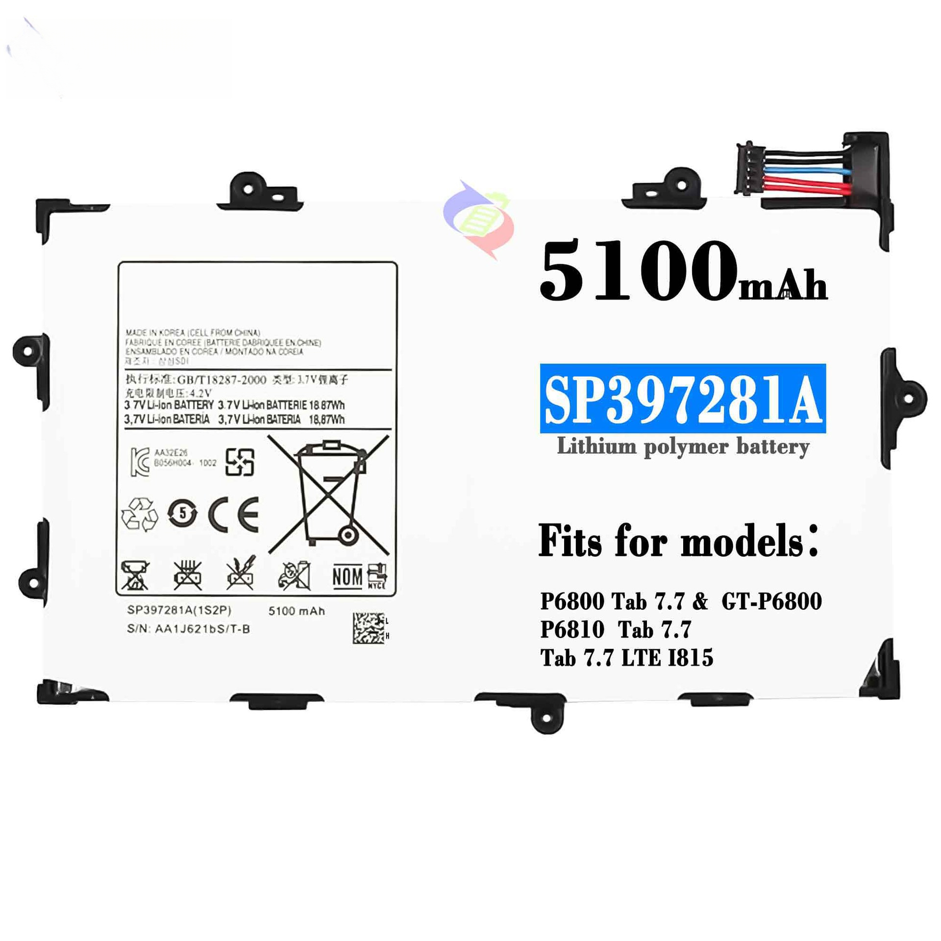 Compatible with Samsung Tab 7.7 P6800/SP397281A Tablet PC with Built-in Battery
