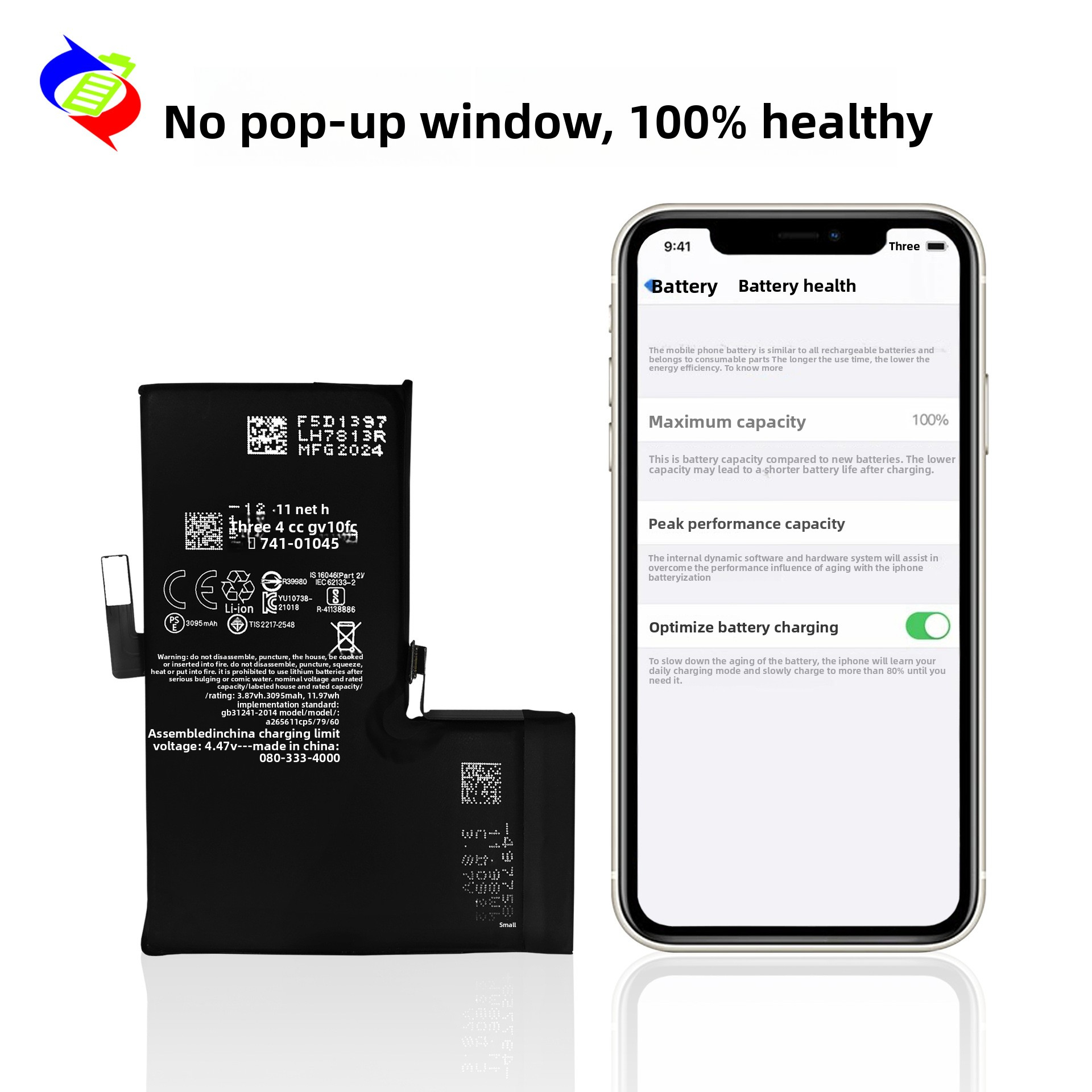3095mAh Battery Charger for Apple iPhone 13 Pro, Health Level 100%, No Pop-up Window