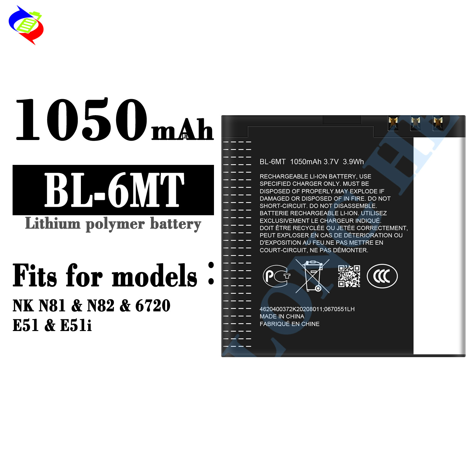 Suitable for Nokia NK N81/N82/6720/E51/E51i Mobile Phone Battery BL-6MT