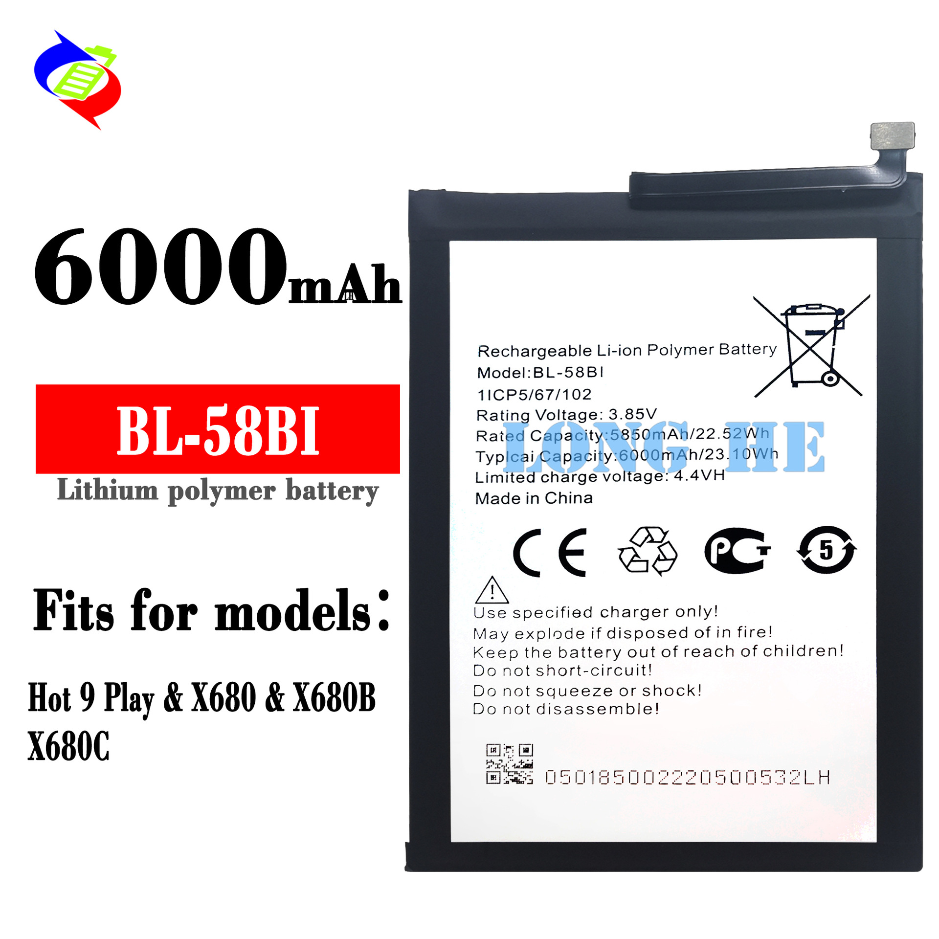 Suitable for Transsion Hot 9 Play Phone Battery BL-58BI Large Capacity 6000mAh