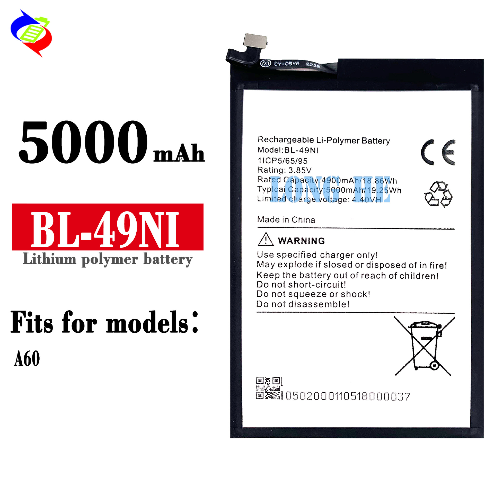 5000mAh Large Capacity A60 Built-in Mobile Phone Battery Suitable for Transsion itel BL-49NI