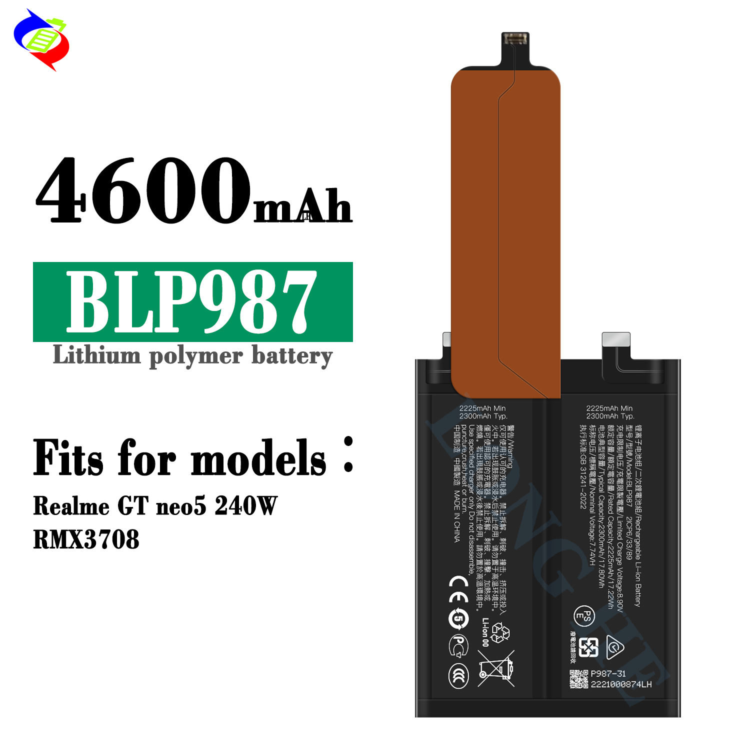 Suitable for OPPO RMX3708/Realme GT neo5 240W Phone BLP987 Battery 4600mAh