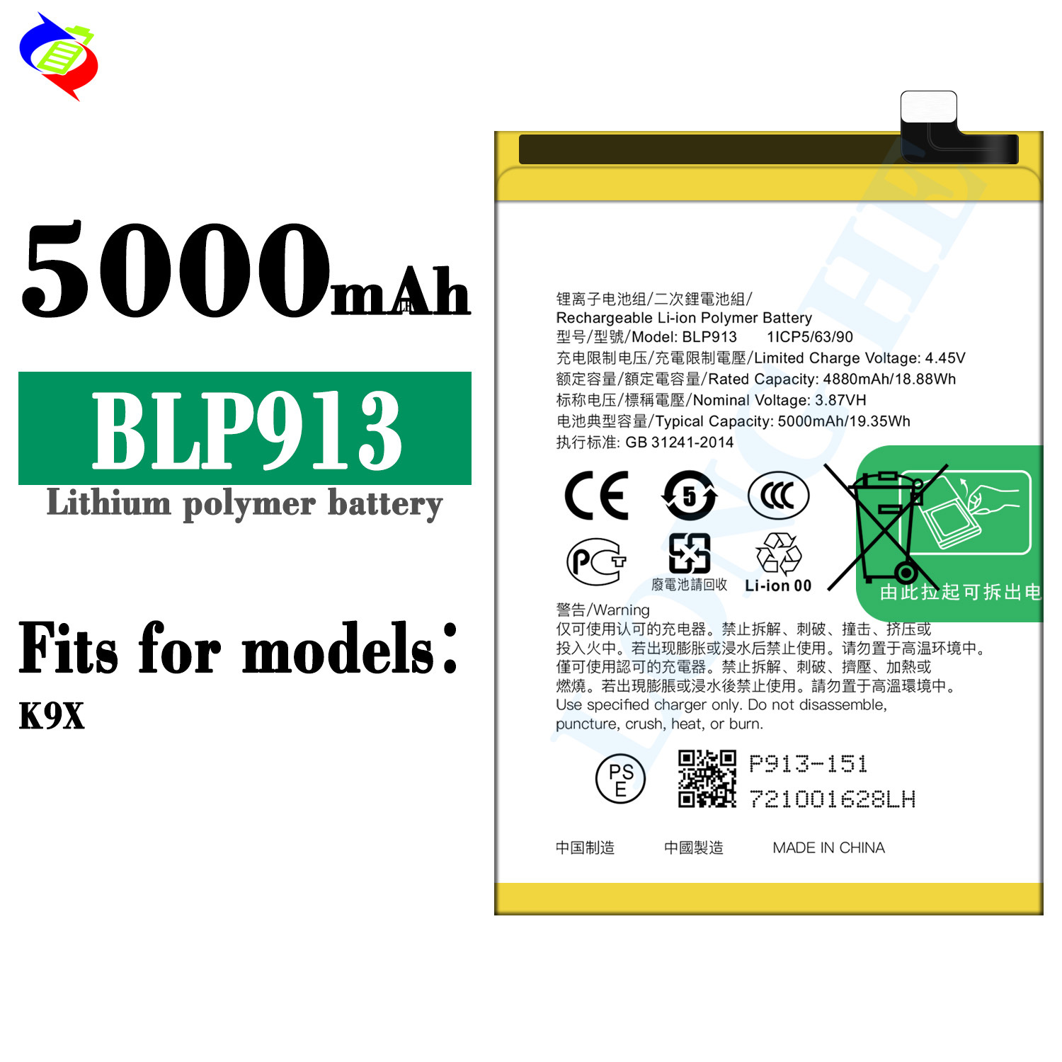 Suitable for OPPO K9X Phone Battery BLP913 Brand New Built-in Circuit Board 5000mAh