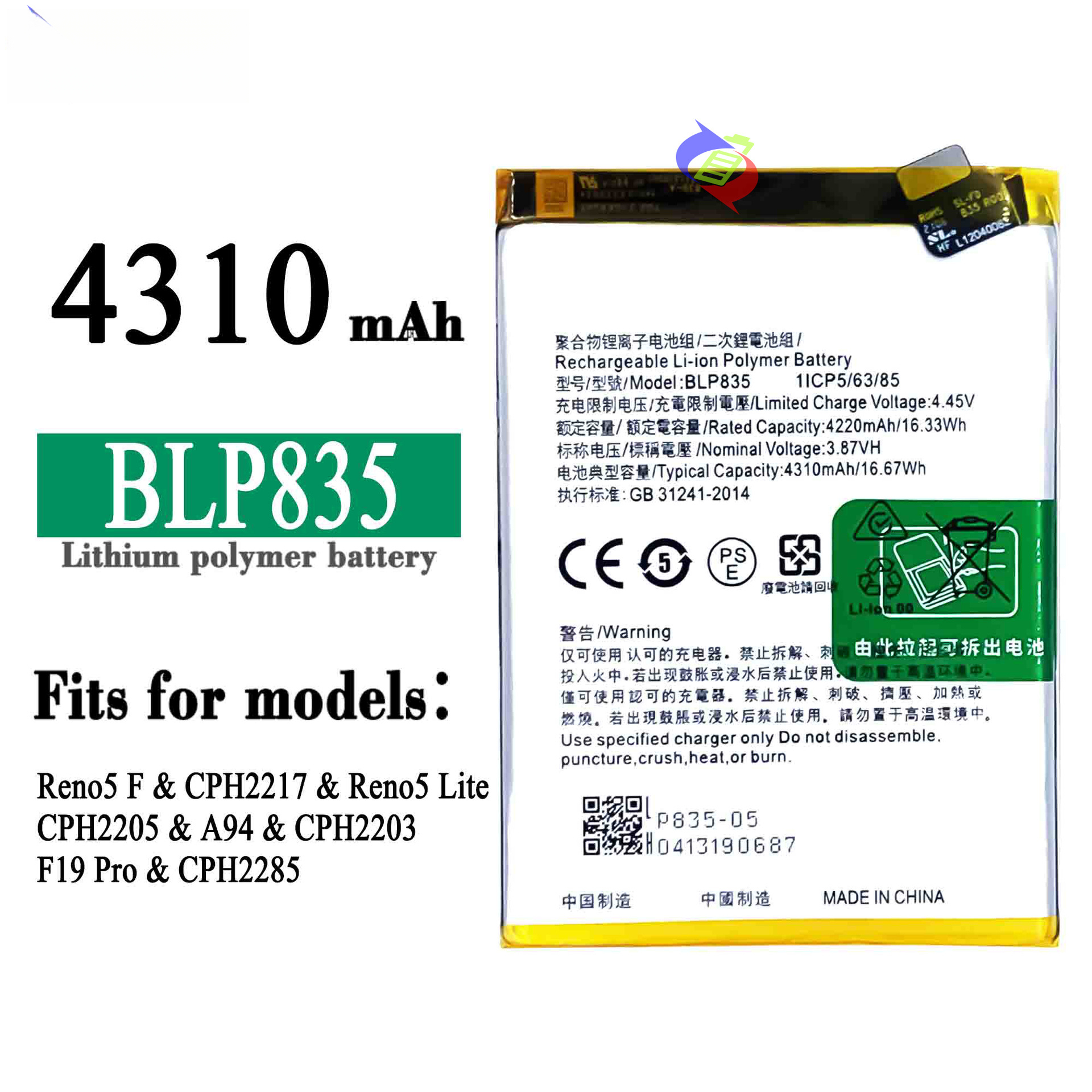 Suitable for OPPO Reno 5F/Reno 5 Lite/F19 Pro/A94 4G Phone Battery BLP835