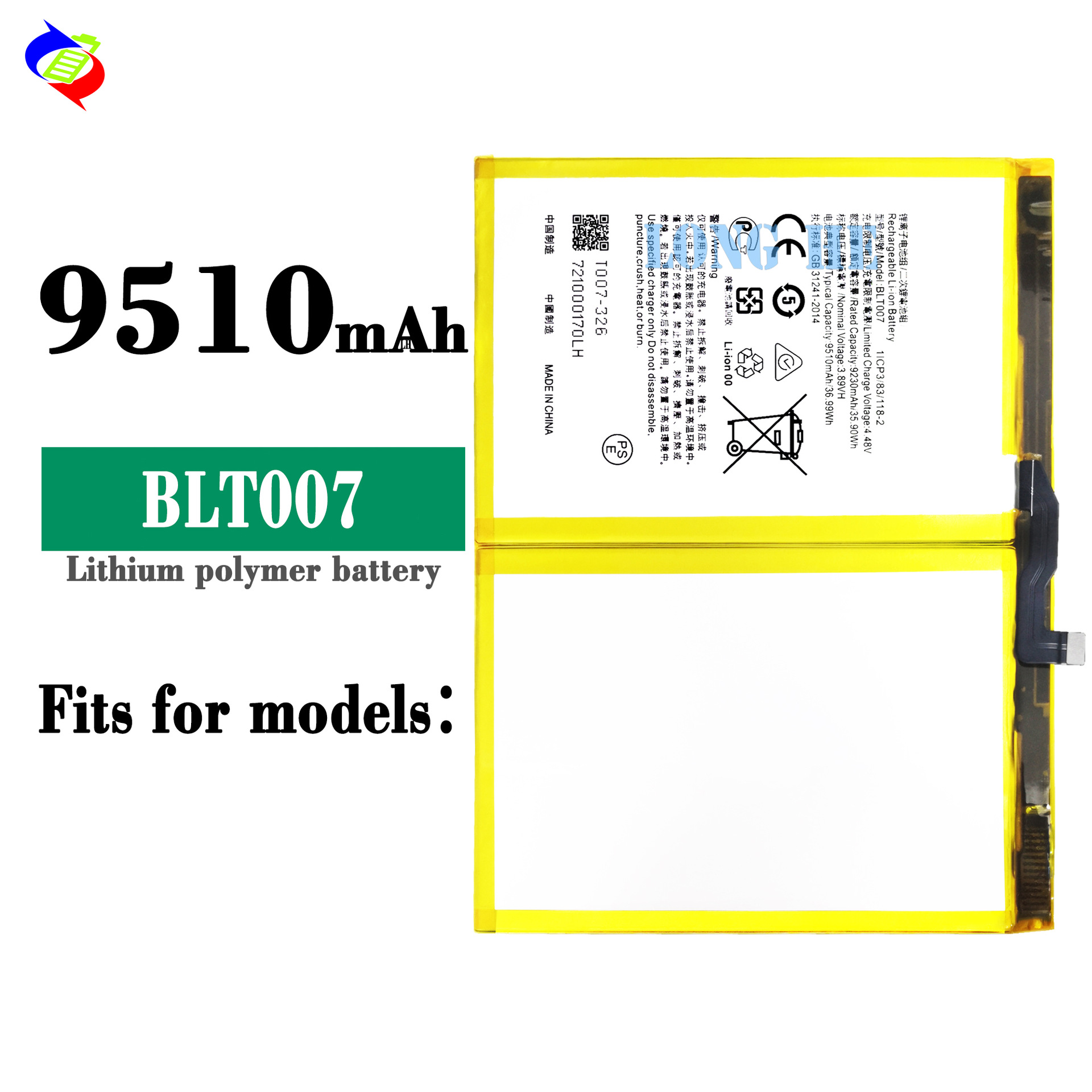 For OPPO Tablet Battery BLT007 Large Capacity Built-in Charging Board 9510mah