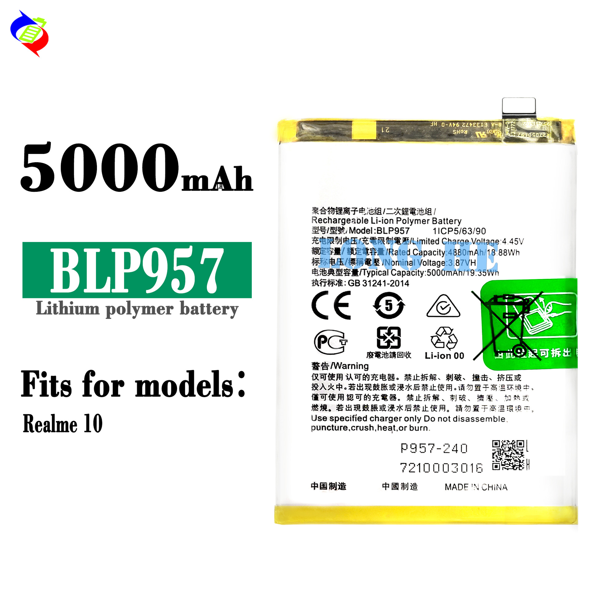 Suitable for OPPO Realme10 phone with built-in large capacity durable battery BLP957