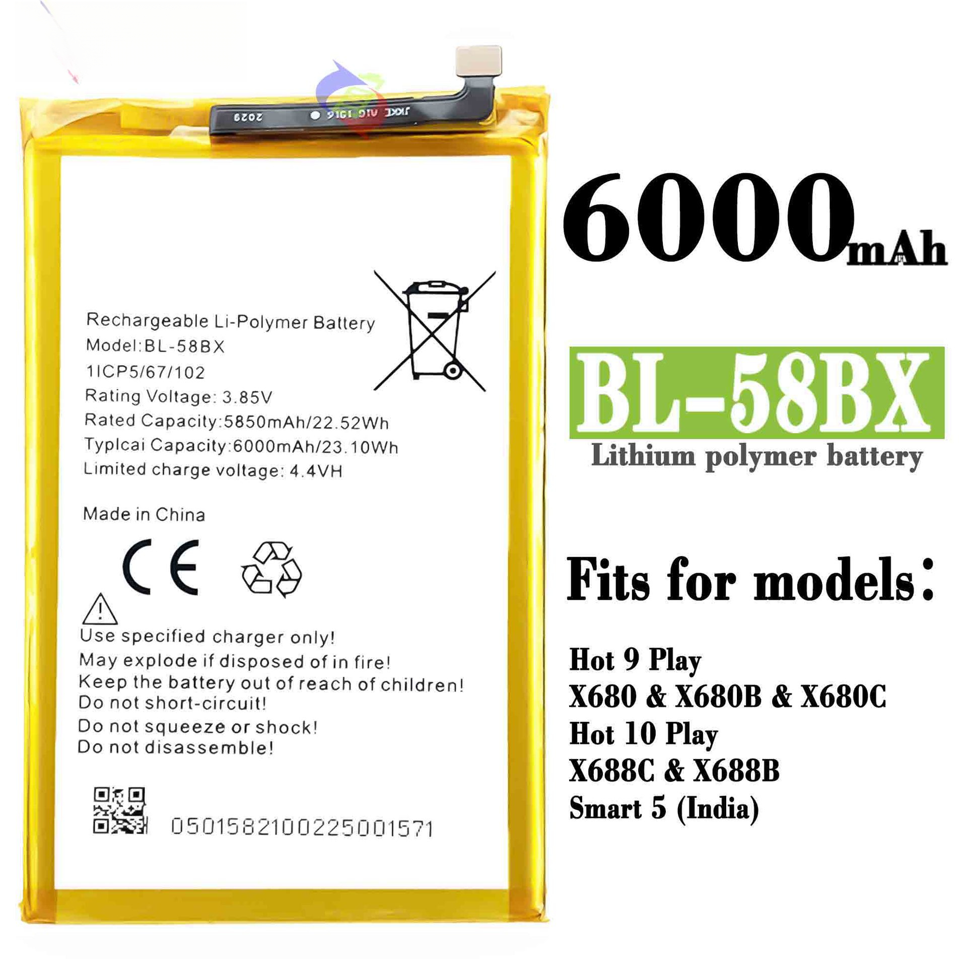 Suitable for Transsion X680/Hot 9 Play/Smart 5 Phone Battery BL-58BX Charging Board 6000mAh