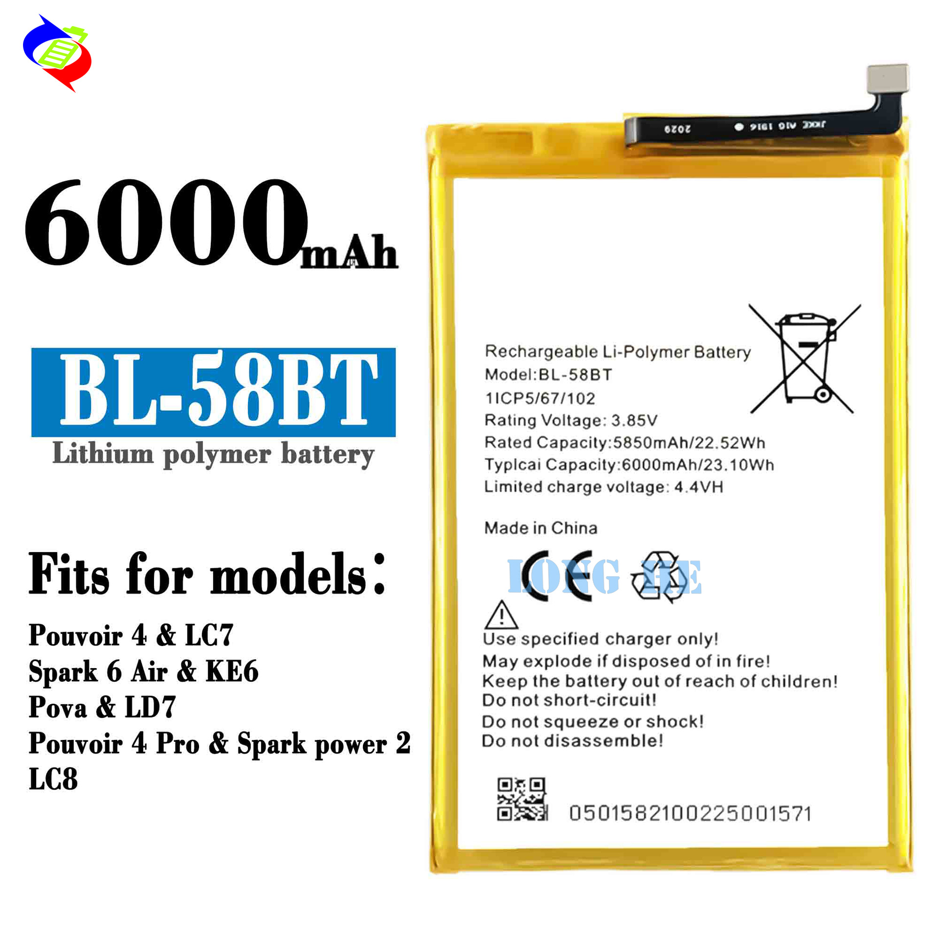 Suitable for Transsion Spark 6 Air/Pouvoir 4pro mobile phone battery BL-58BT