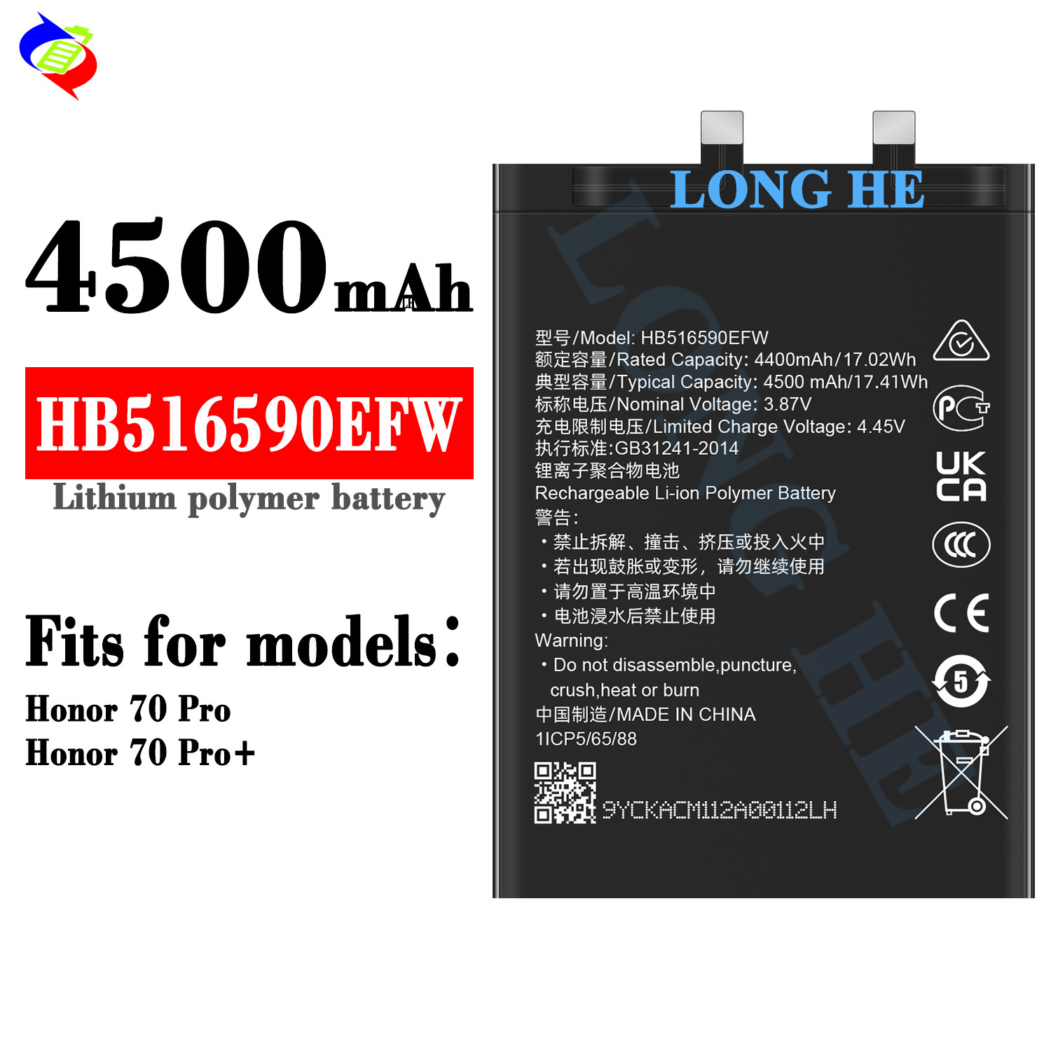 Suitable for Huawei Honor 70 Pro/Honor 70 Pro Plus Phone Battery HB516590EFW