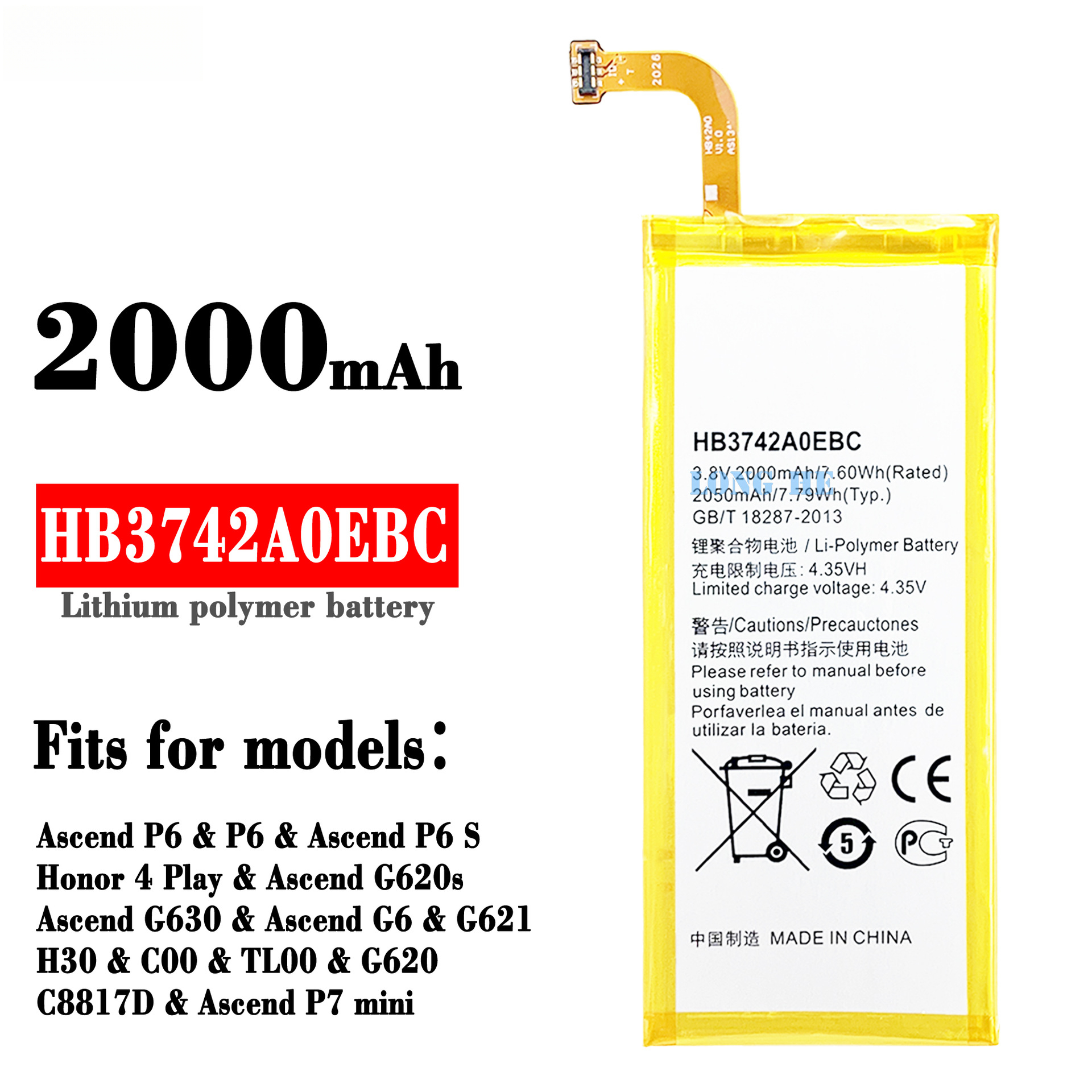 Suitable for Huawei Ascend P6/Honor 4Play Mobile Phone Battery HB3742A0EBC