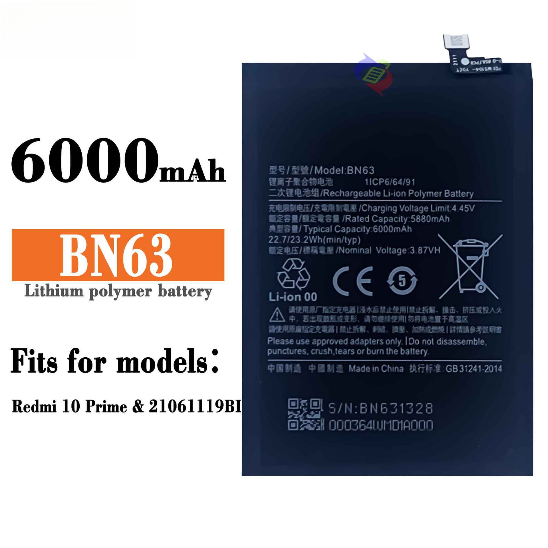 For Xiaomi Redmi 10prime Large Capacity 6000mAh Mobile Phone Battery Bn63