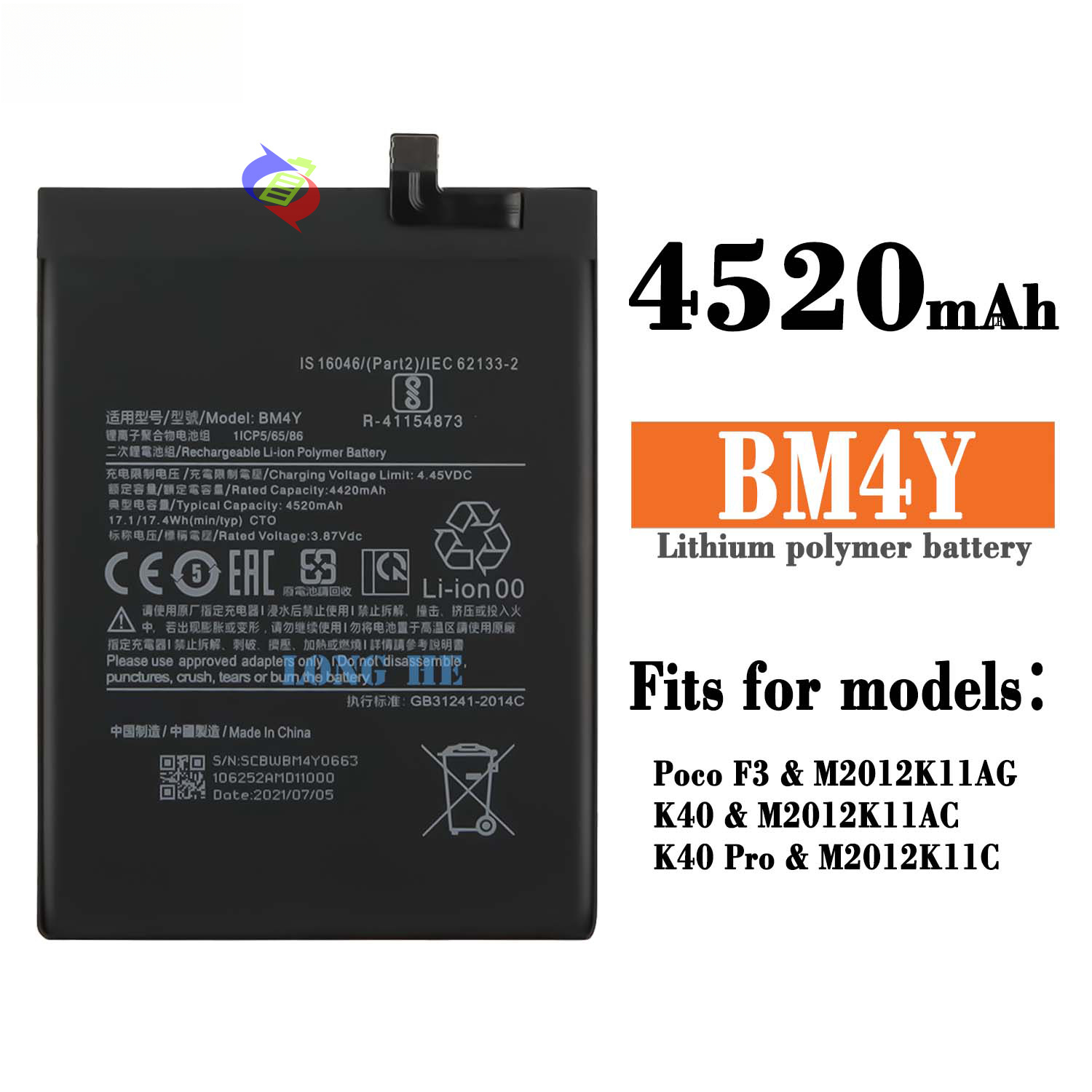 Suitable for Xiaomi Poco F3/K40/K40Pro BM4Y Phone Battery 4520mAh