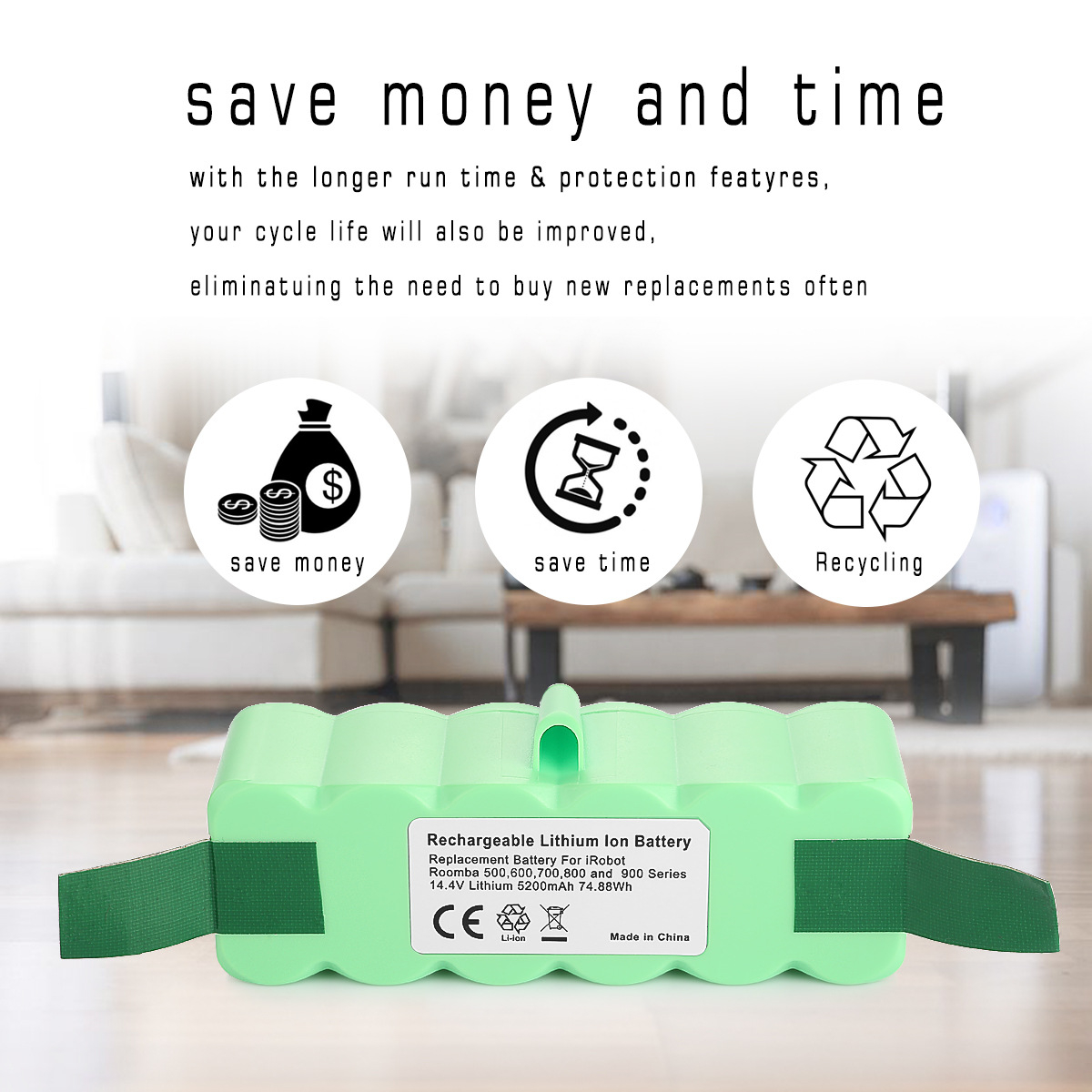 Suitable for Irobot Roomba 5/6/7/8/9 Series 14.4V 5200mAh Sweeping Machine Power Lithium Battery