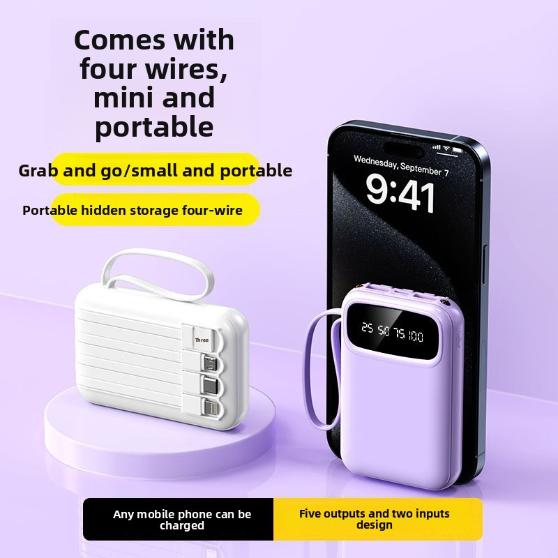 20000mAh Portable Mobile Phone Charger with Large Capacity and Built-in Cable Power Bank