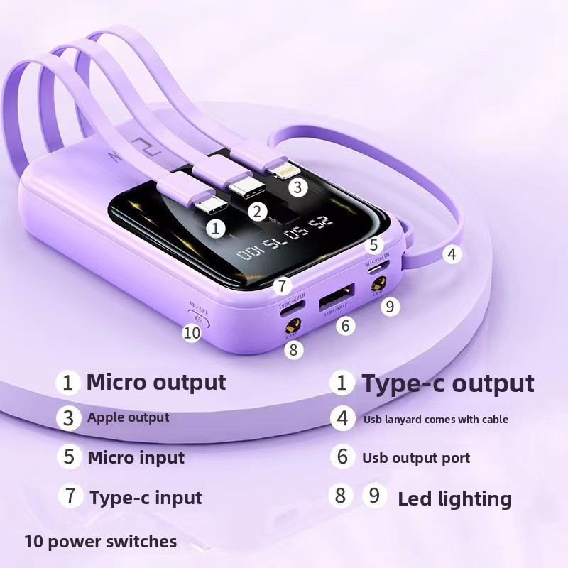 3C Mini Built-in Cable Power Bank 20000mAh Ultra Large Capacity Portable Charger