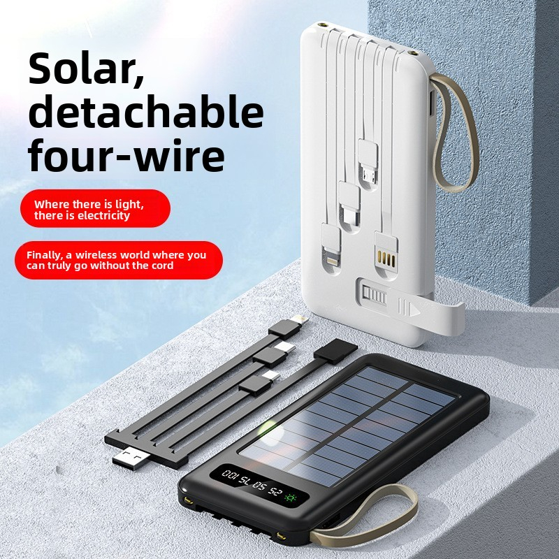 3C Certified Solar Power Bank Ultra Large Capacity 20000mAh with Detachable Four-Wire Portable Mobile Power Supply