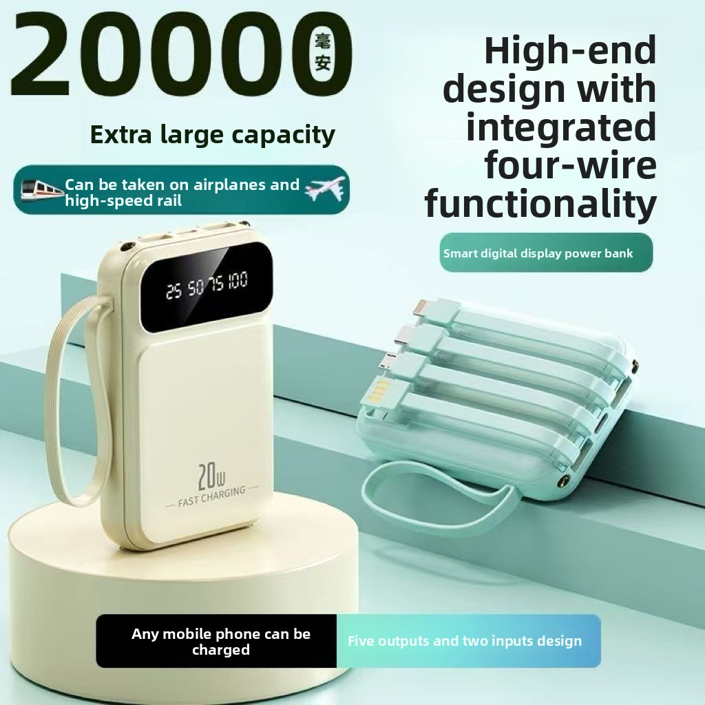 3C Certified Power Bank with Cable 20000mAh Large Capacity Airplane-Friendly Portable Mobile Power Supply