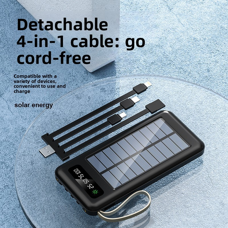 3C Certified Solar Power Bank Ultra Large Capacity 20000mAh with Detachable Four-Wire Portable Mobile Power Supply