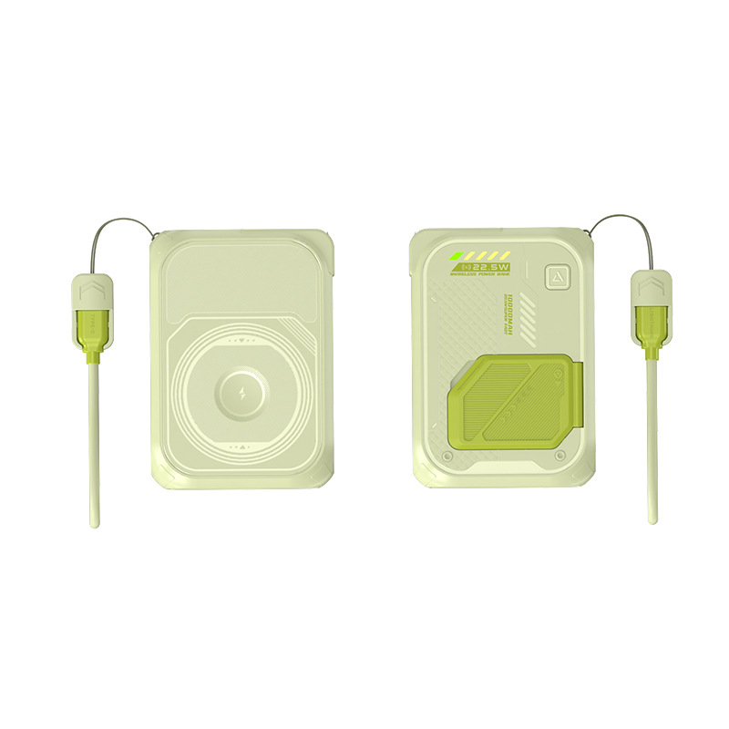 Magnetic Wireless Power Bank with Plug, Built-in Cable, Fast Charging AC Wall Plug, Compact and Portable Mobile Power Supply