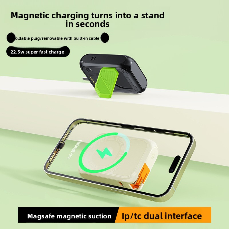 Magnetic Wireless Power Bank with Plug, Built-in Cable, Fast Charging AC Wall Plug, Compact and Portable Mobile Power Supply