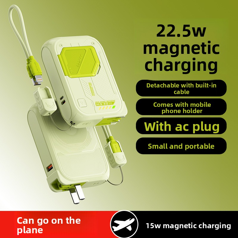 Magnetic Wireless Power Bank with Plug, Built-in Cable, Fast Charging AC Wall Plug, Compact and Portable Mobile Power Supply