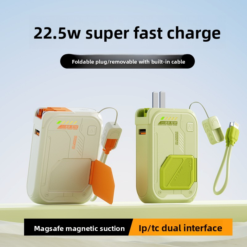 Magnetic Wireless Power Bank with Plug, Built-in Cable, Fast Charging AC Wall Plug, Compact and Portable Mobile Power Supply