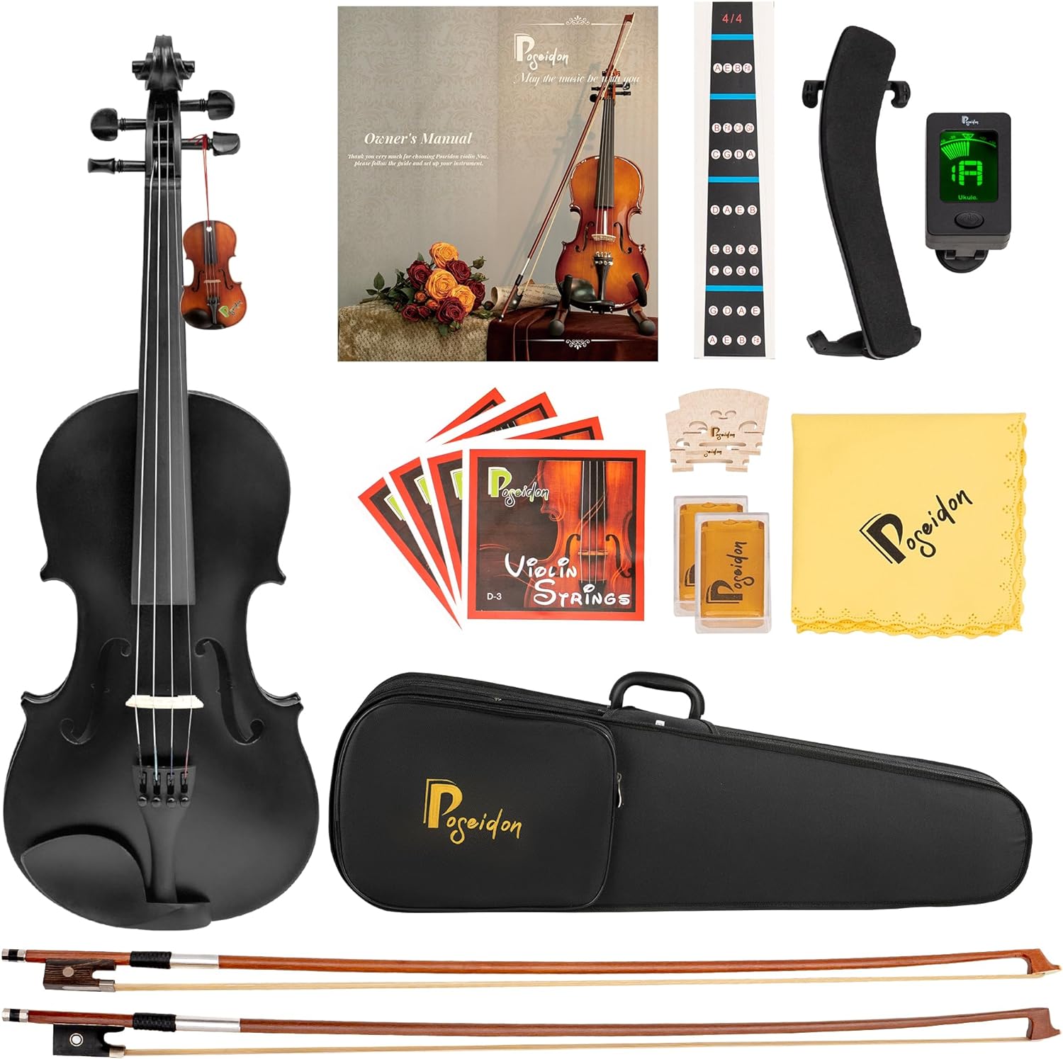 Poseidon 3/4 Acoustic Violin Fiddle, Acoustic Black Violin for Beginners for Teens Students Beginners Violin Starter Kit with Hard Case, Rosin, Shoulder Rest, Bow, Extra Strings《NO8》