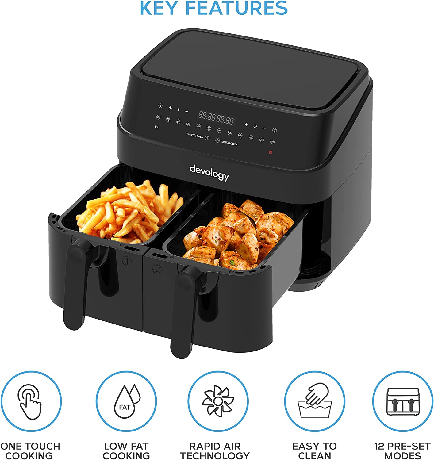 Devology Double Air Fryer - 9L - 2 x 4.5L Independent Cooking Zones - Free 50 Recipe Cookbook- 12 Cooking Programs - Digital LED Display Airfryer - Healthy Oil-free Fryer - Portable Kitchen Appliance