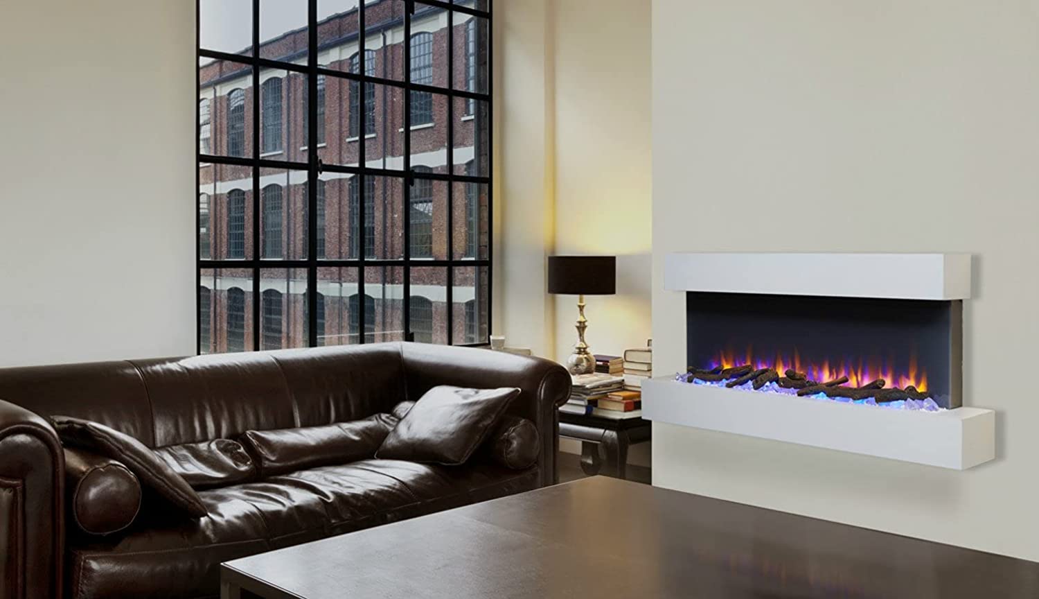 【Home Improvement】Endeavour Fires Runswick Wall Mounted Electric Fire, 220/240Vac, 50 Hz, 1&2kW, 7 day Programmable remote control with an Off White MDF Mantel & Plinth