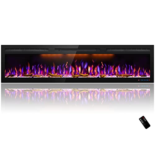 Mystflame 72 inch Electric Fireplace - Ultra Slim Frame - in Wall Recessed & Wall Mounted - Multicolor Flame - Log & Crystal Hearth - 1500/750 Watt Heater - Remote Control & Touch Screen- Timer