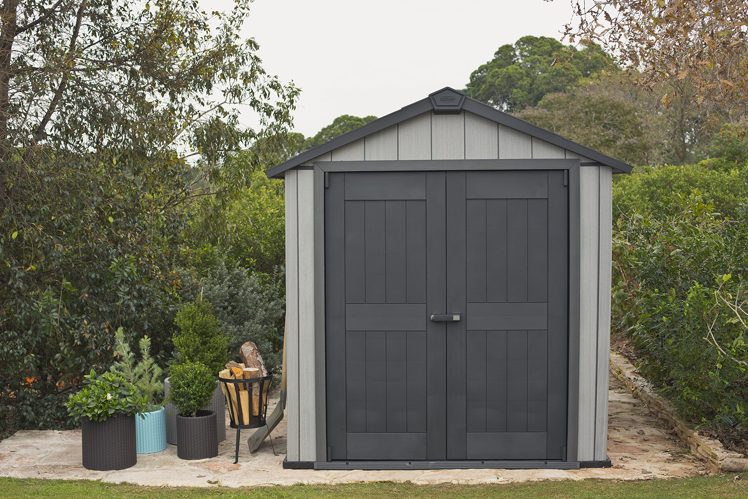 Keter Oakland Outdoor Plastic Garden Storage Shed Rainproof and Strong, Gray Non-Fade, 7.5 x 11 ft.
