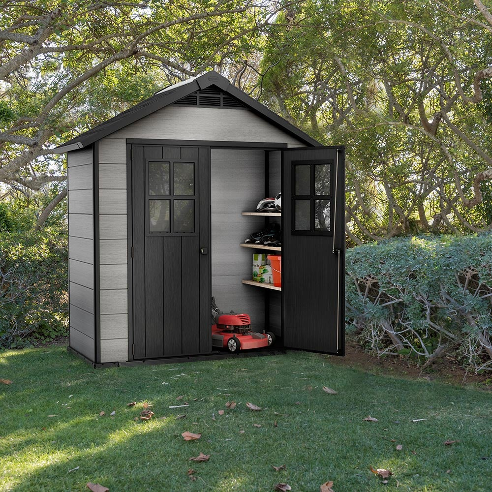 Keter Artisan 8x5 ft. All Weather Storage Shed with Clear Windows and Base, Double Doors, Grey