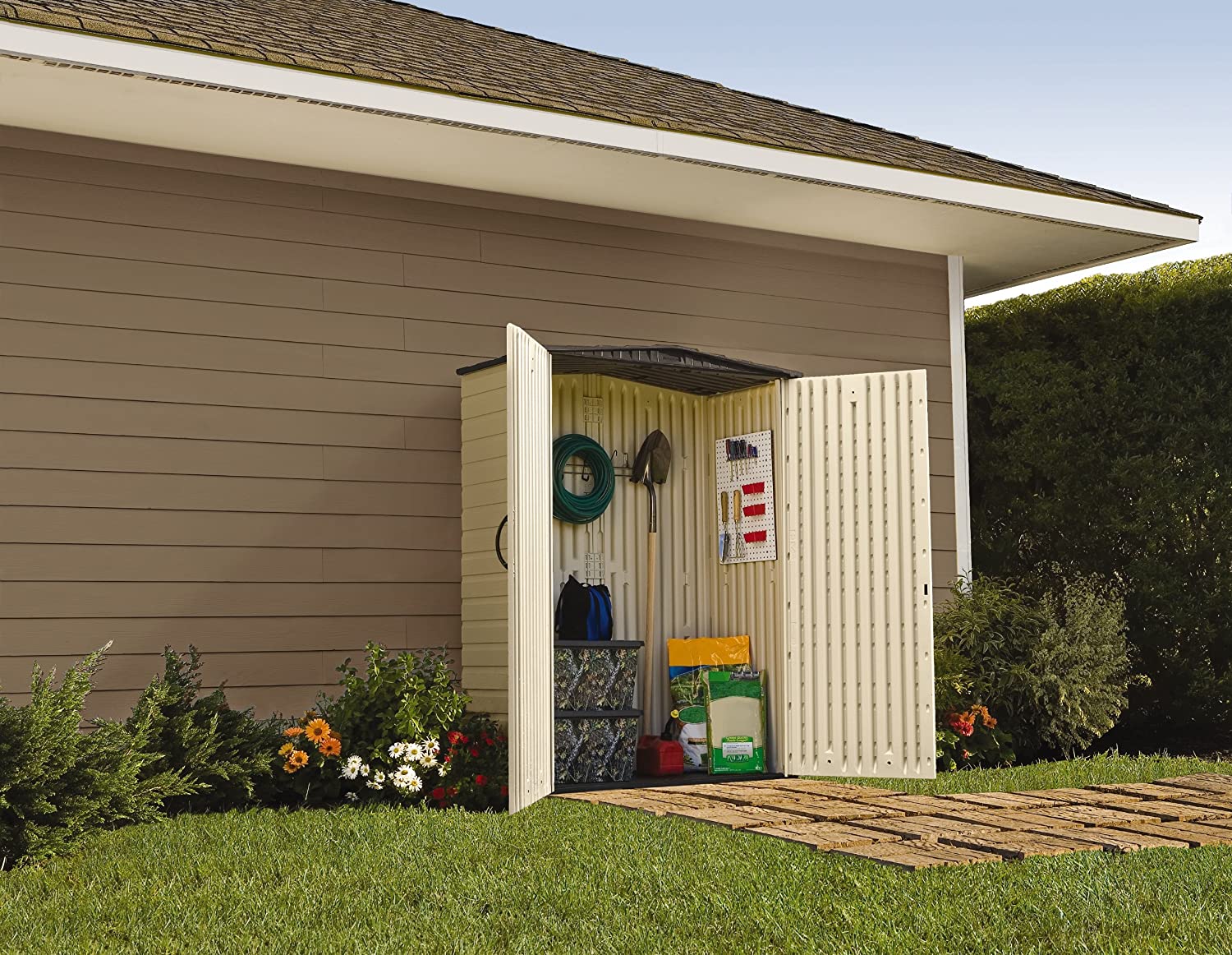 Rubbermaid Large Vertical Resin Outdoor Storage Shed With Floor (6.2 x 4.6 Ft), Weather Resistant, Beige/Brown, Organization for Home/Backyard/Garden Tools/Lawn Mower/Bike Storage/Pool Supplies
