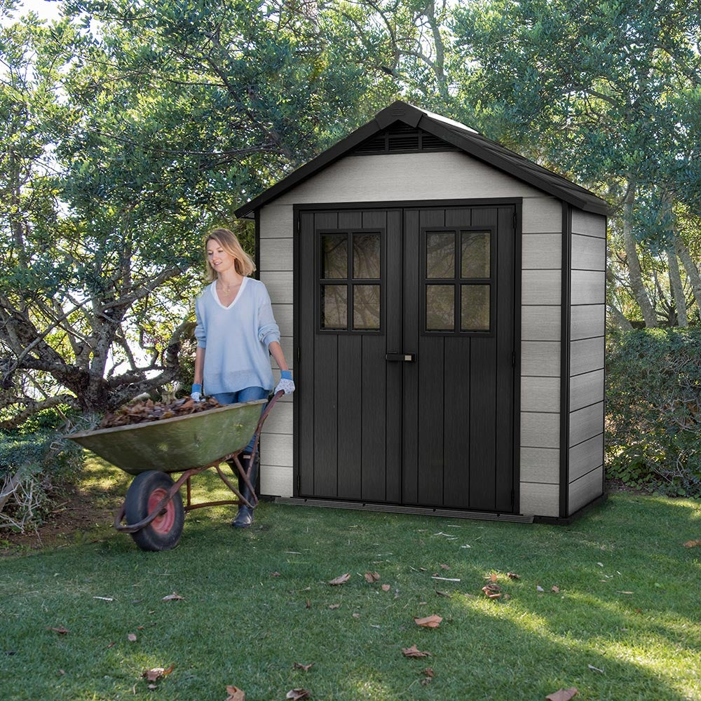 Keter Artisan 8x5 ft. All Weather Storage Shed with Clear Windows and Base, Double Doors, Grey