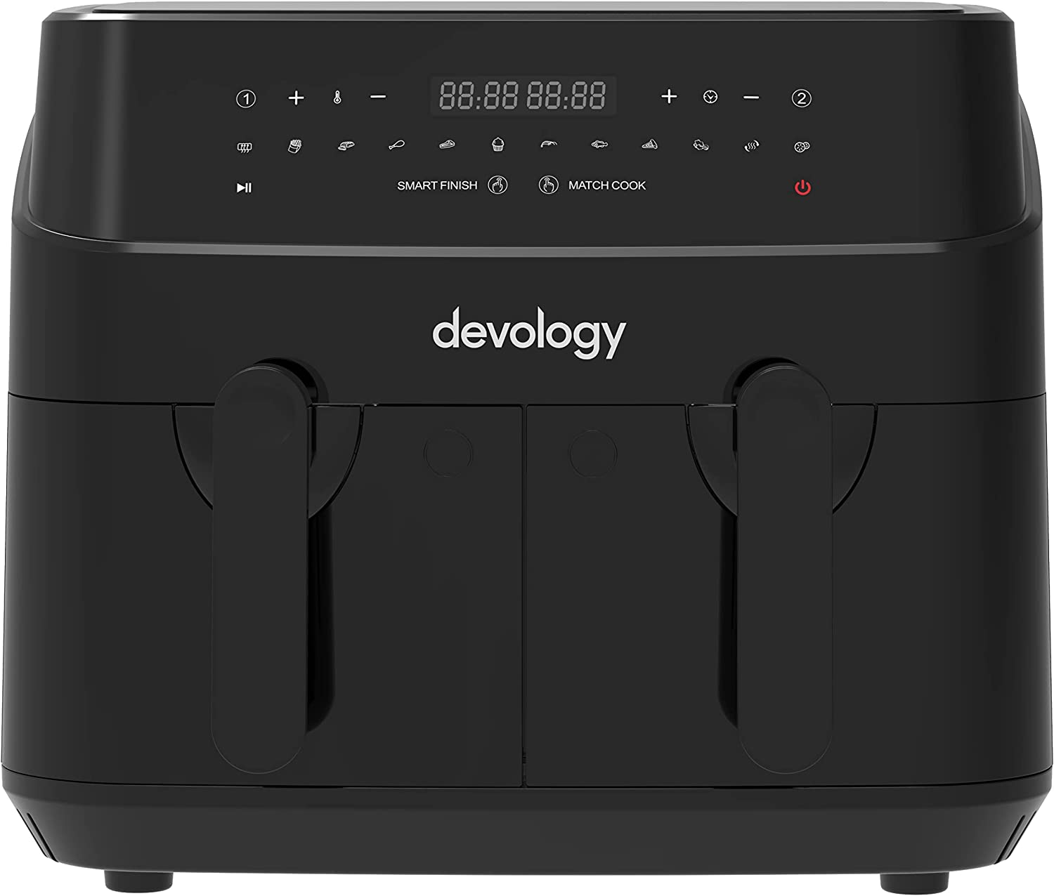 Devology Double Air Fryer - 9L - 2 x 4.5L Independent Cooking Zones - Free 50 Recipe Cookbook- 12 Cooking Programs - Digital LED Display Airfryer - Healthy Oil-free Fryer - Portable Kitchen Appliance
