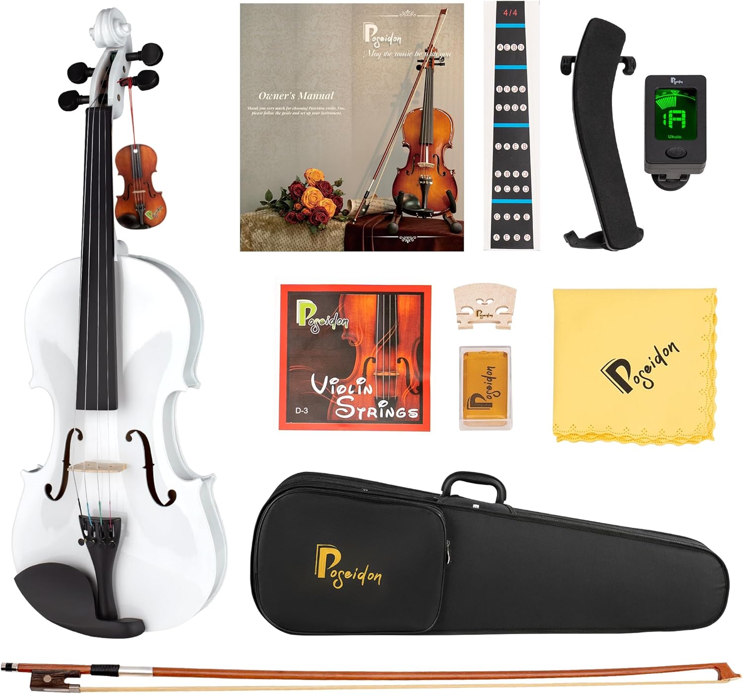 Poseidon 3/4 Acoustic Violin Fiddle, Acoustic Black Violin for Beginners for Teens Students Beginners Violin Starter Kit with Hard Case, Rosin, Shoulder Rest, Bow, Extra Strings《NO8》