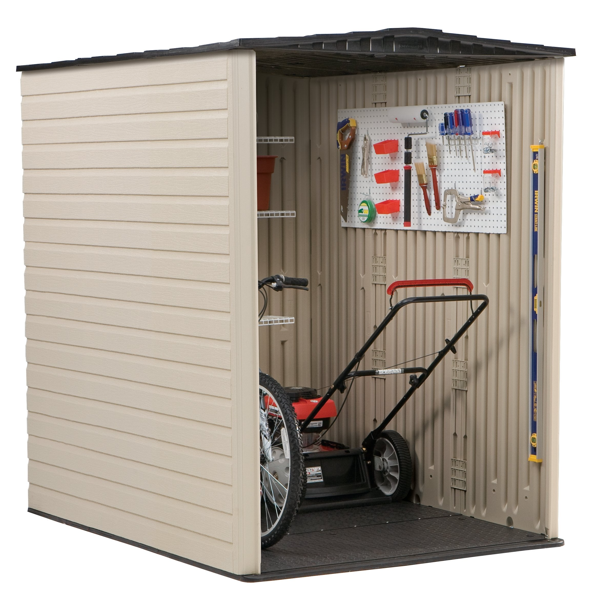 Rubbermaid Large Vertical Resin Outdoor Storage Shed With Floor (6.2 x 4.6 Ft), Weather Resistant, Beige/Brown, Organization for Home/Backyard/Garden Tools/Lawn Mower/Bike Storage/Pool Supplies