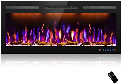 Mystflame 72 inch Electric Fireplace - Ultra Slim Frame - in Wall Recessed & Wall Mounted - Multicolor Flame - Log & Crystal Hearth - 1500/750 Watt Heater - Remote Control & Touch Screen- Timer