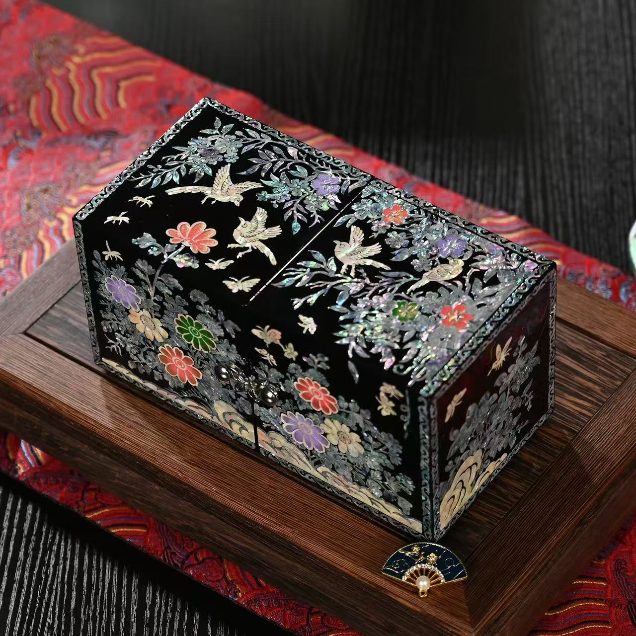 Lacquer Box with Mother-of-Pearl Inlay - Blossoming Flowers for Prosperity- Double-door Cabinet with Four Drawers