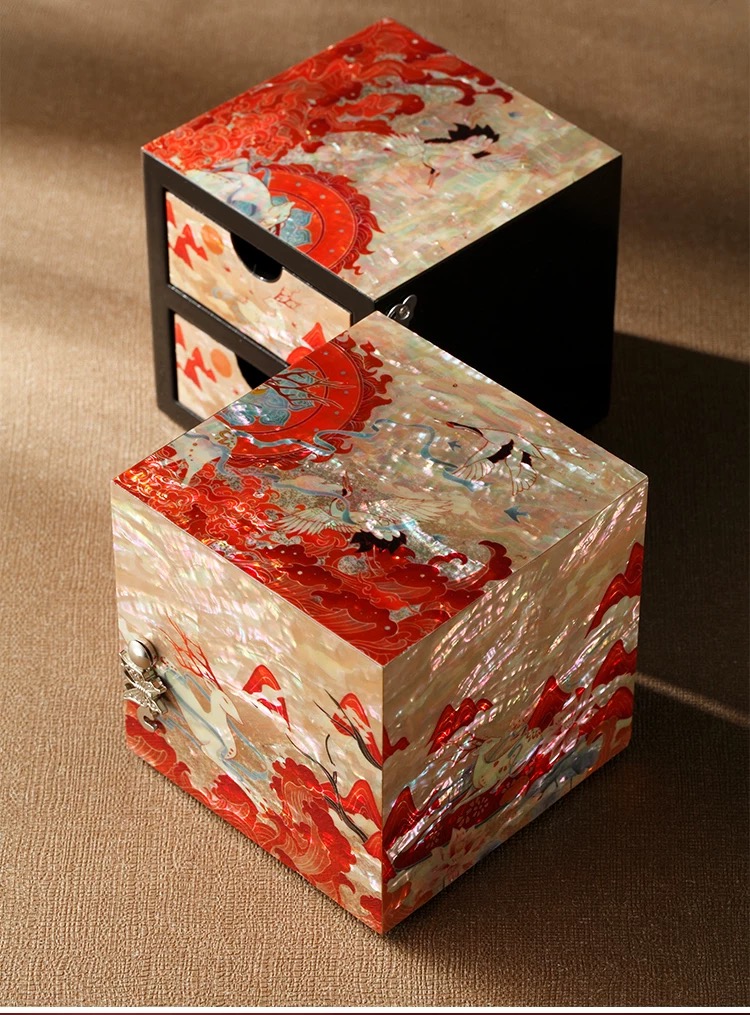 Mother-of-Pearl Inlay Jewelry Box with Nine-Colored Deer- Double-door Cabinet with Four Drawers