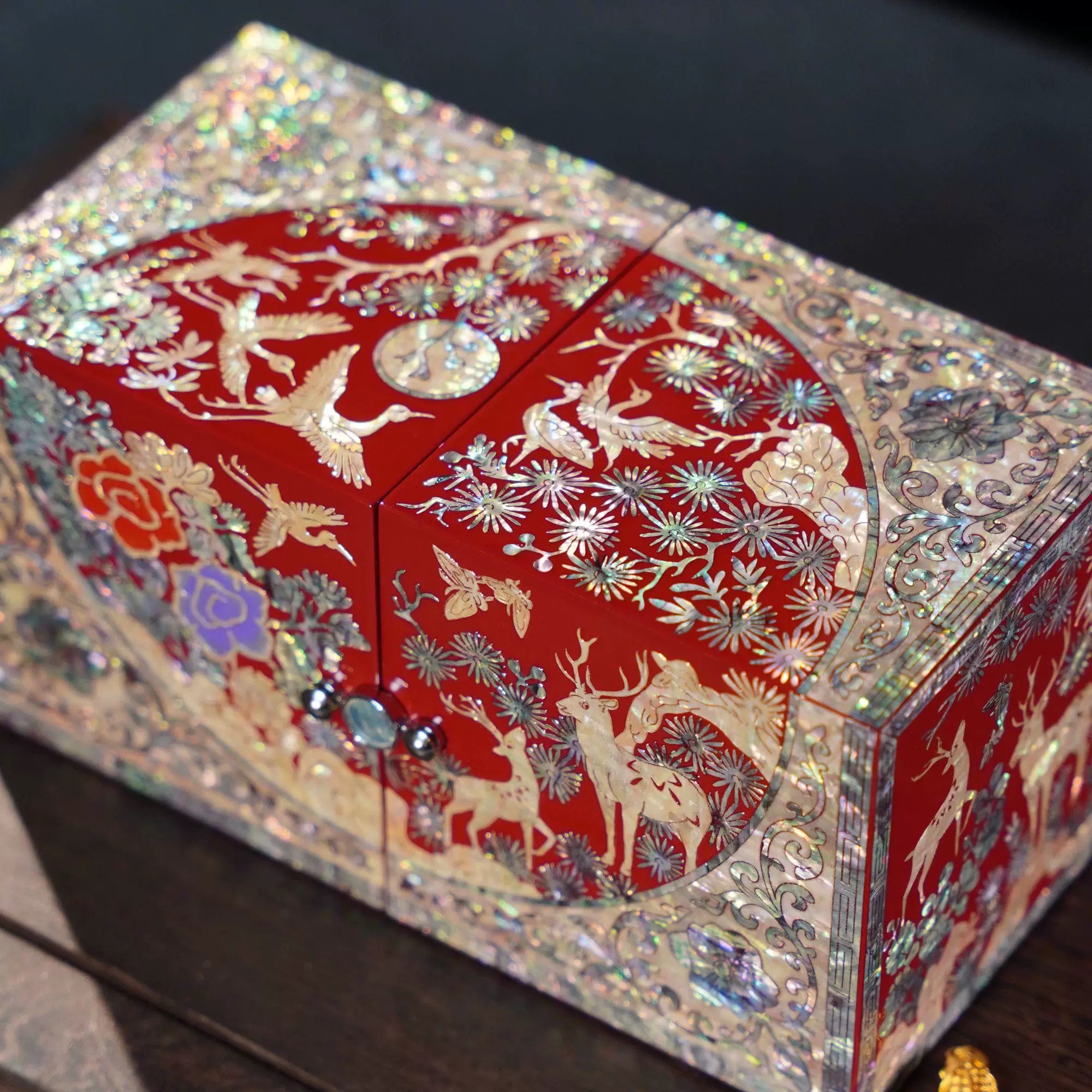 Deer and Crane for Spring Prosperity - Double-door Cabinet with Four Drawer