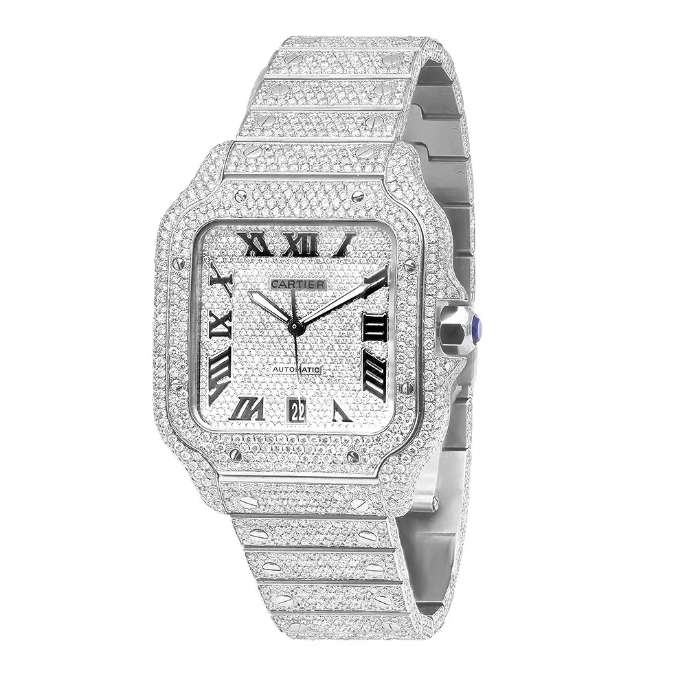 40mm Fully Iced Out Cartier Santos Diamond Watch for Men & Women 25 Carat