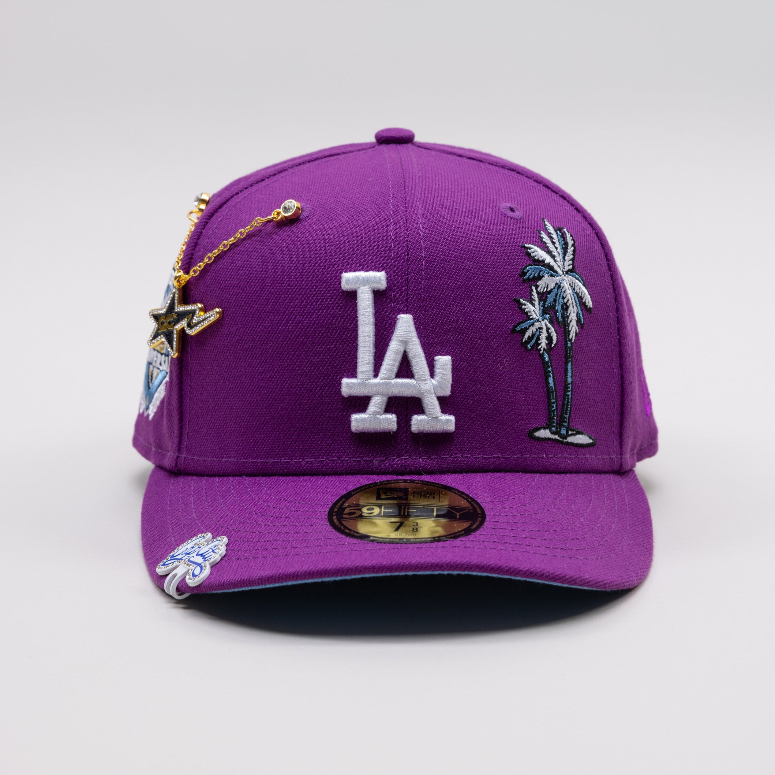 NEW ERA EXCLUSIVE 59FIFTY PURPLE LOS ANGELES DODGERS W/ PALM TREES + 50TH ANNIVERSARY SIDE PATCH - Thesouthcap