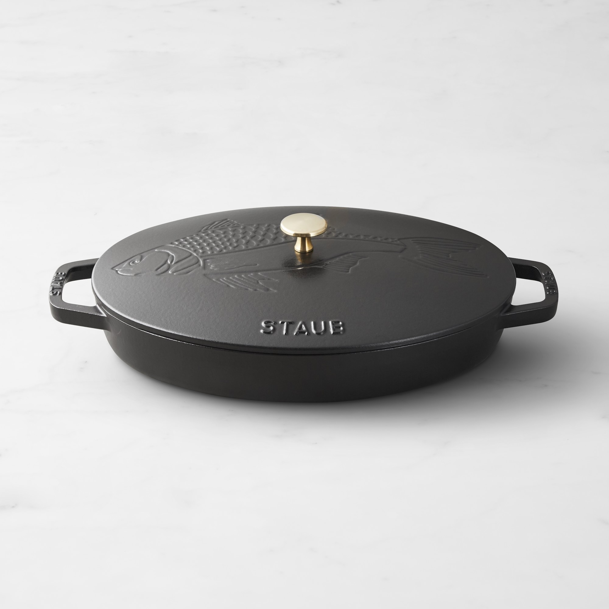 Staub Enameled Cast Iron Oval Gratin with Sea Bass Embossed Lid, 2 1/4 Qt.